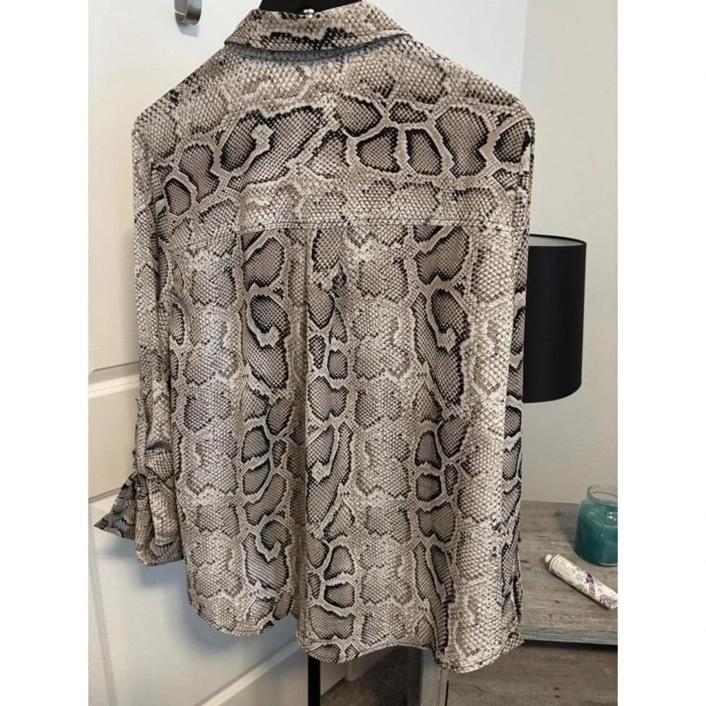 MICHAEL‎ KORS Snake Print Zip Front Collared Shirt Top Blouse SZ L